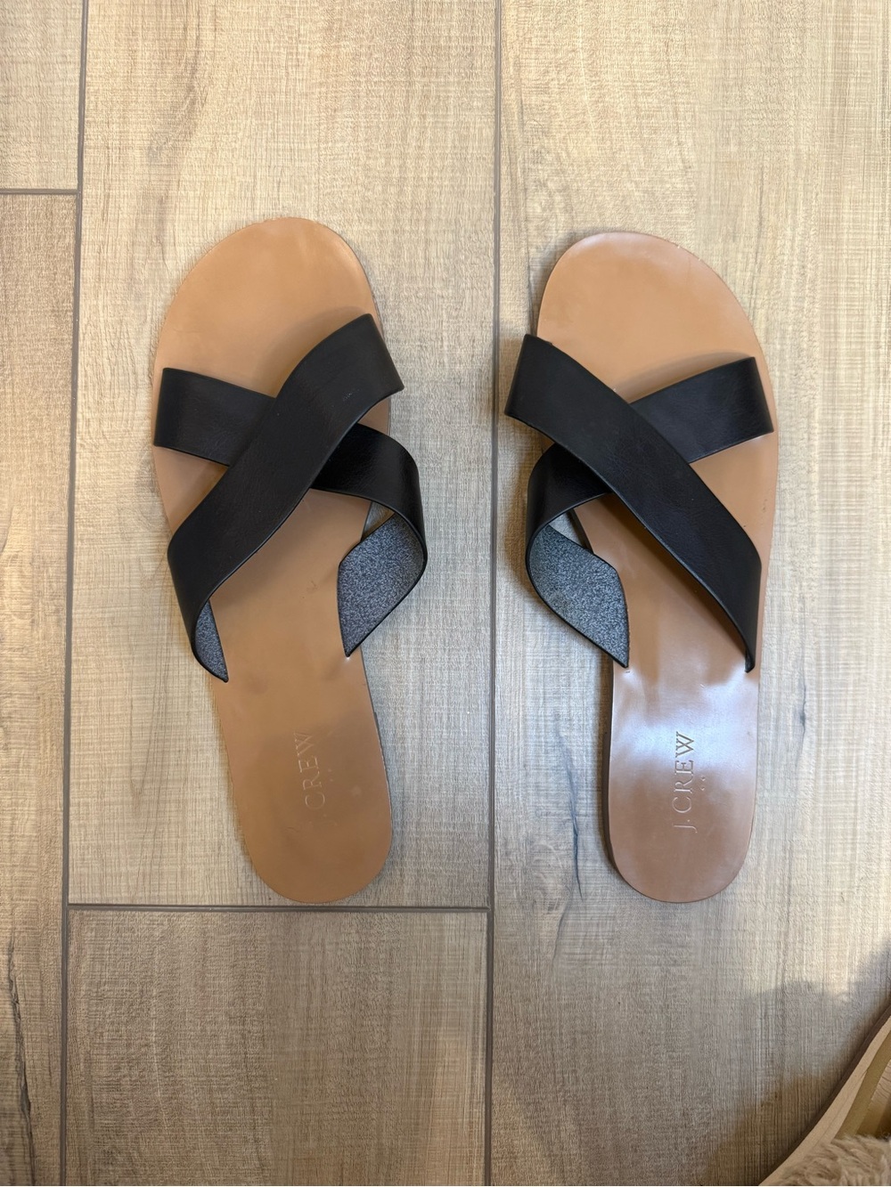 J. Crew Black Seaside Slip On Sandals with Tan Footbed
